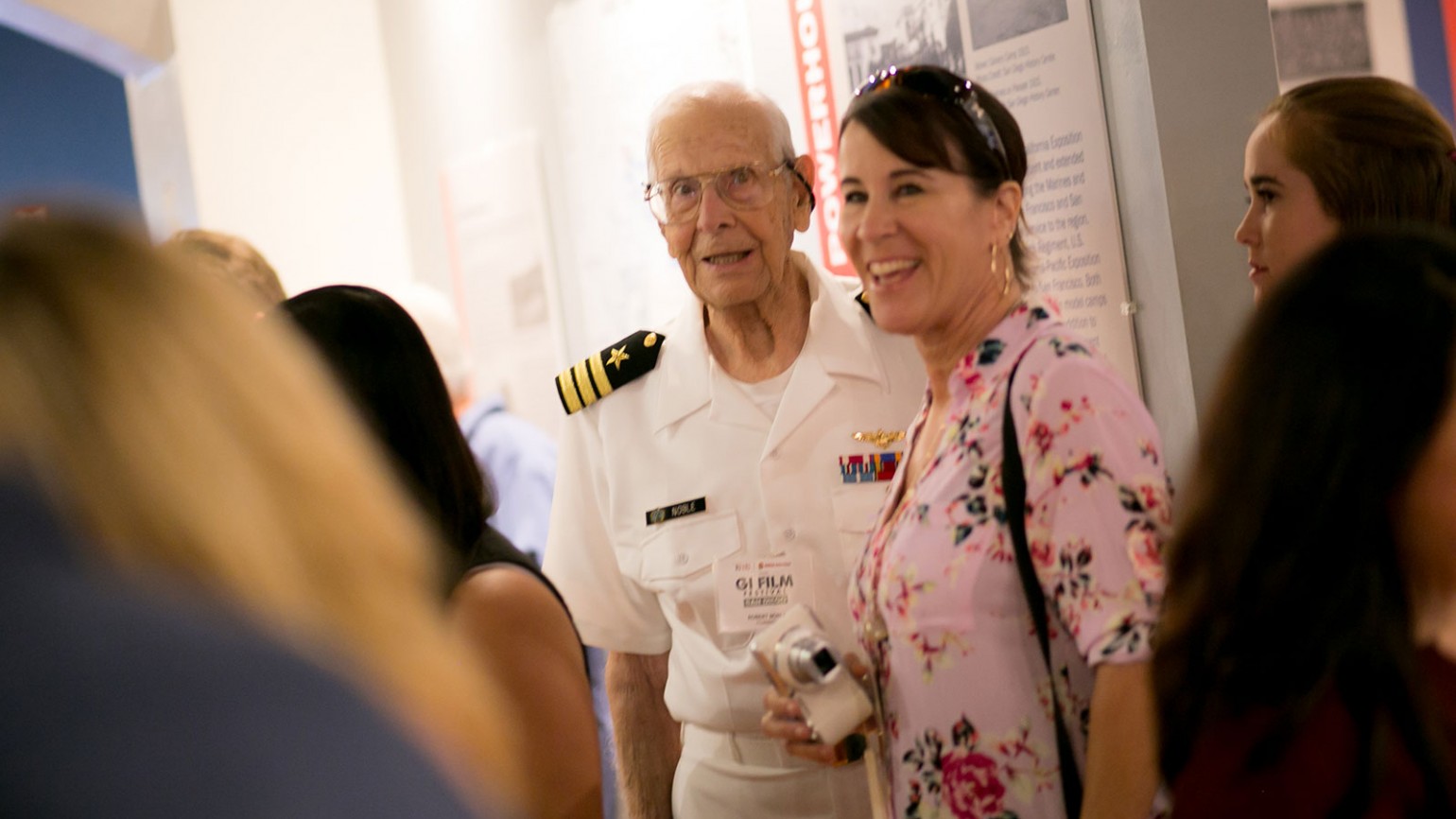Commander Robert Noble in uniform, alongside Rancho Minerva Middle School teacher, Beth Duncan, at the festival's VIP Kick-Off. Noble is the subject of film "Living History: Our Hometown Hero."